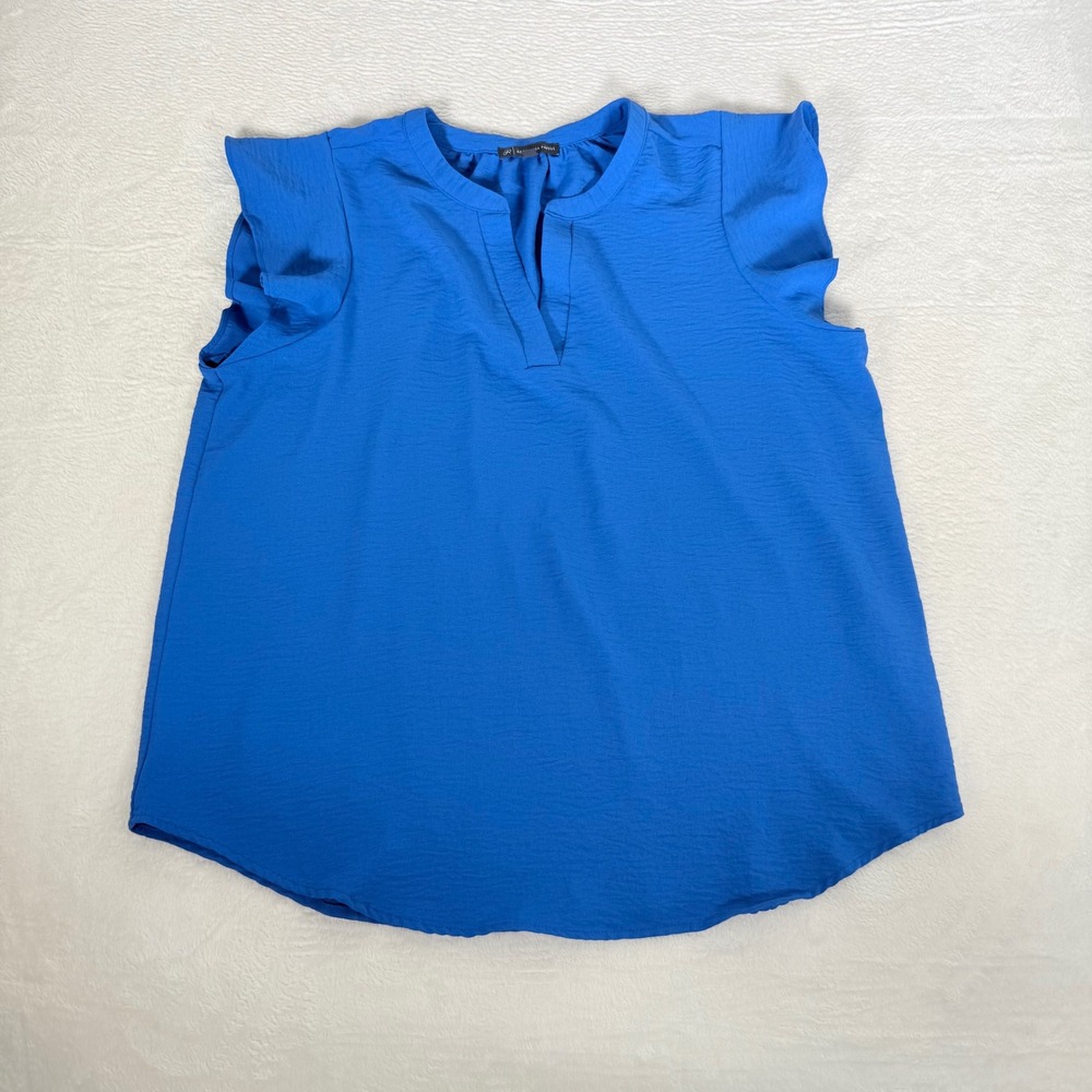 Adrianna Papell Blue Split Neck Blouse Textured Airflow Flutter Sleeve Top Sz L
